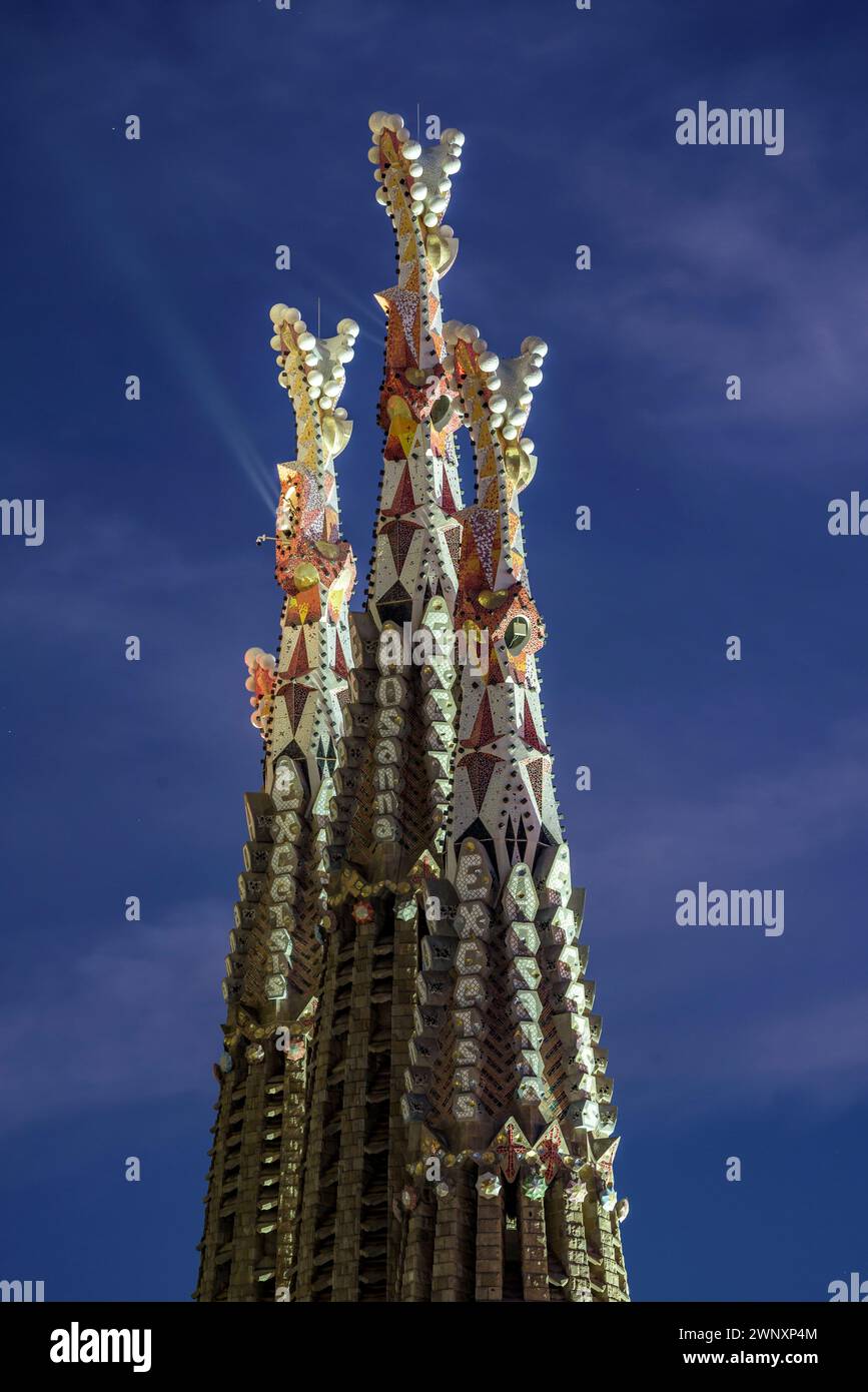 Towers of the Passion facade of the Sagrada Família at night (Barcelona, Catalonia, Spain) ESP Torres de la fachada de la Pasión de la Sagrada Familia Stock Photo