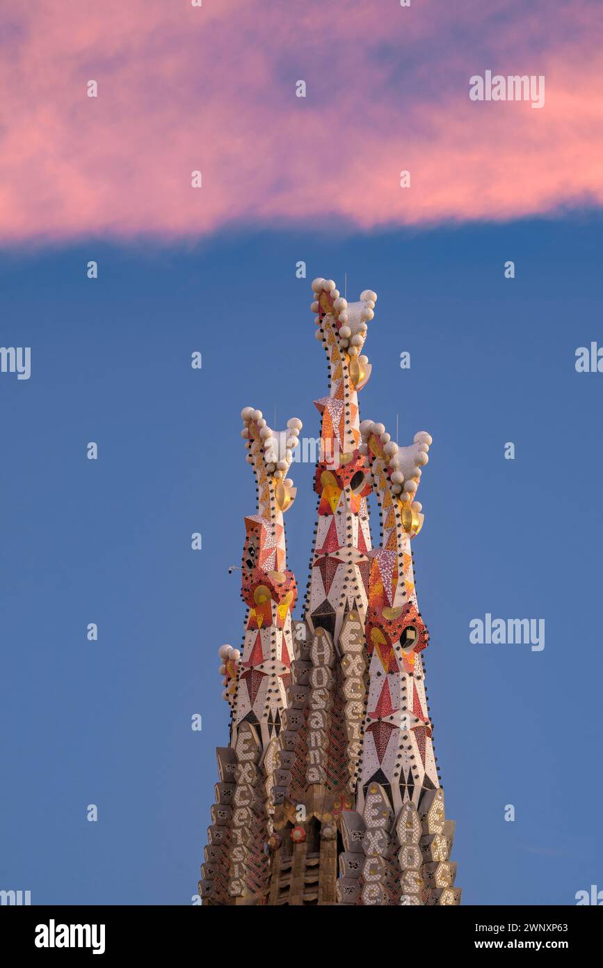 Towers of the Passion facade of the Sagrada Família at sunset (Barcelona, Catalonia, Spain) ESP: Torres de la fachada de la Pasión Sagrada Familia Stock Photo