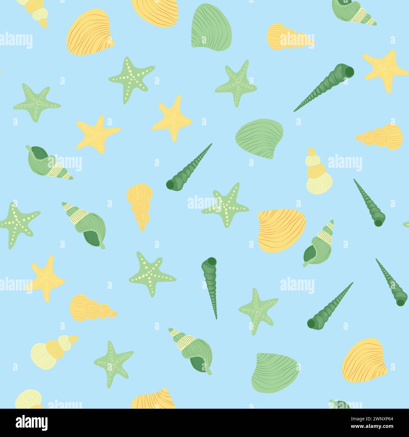 Yellow Seamless pattern with starfish, corals, pearls and shells. Vector background with a marine theme Stock Vector