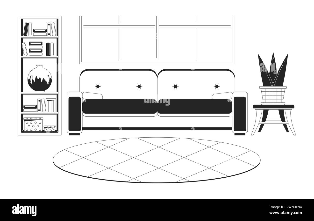 Living room interior black and white 2D line cartoon object Stock ...