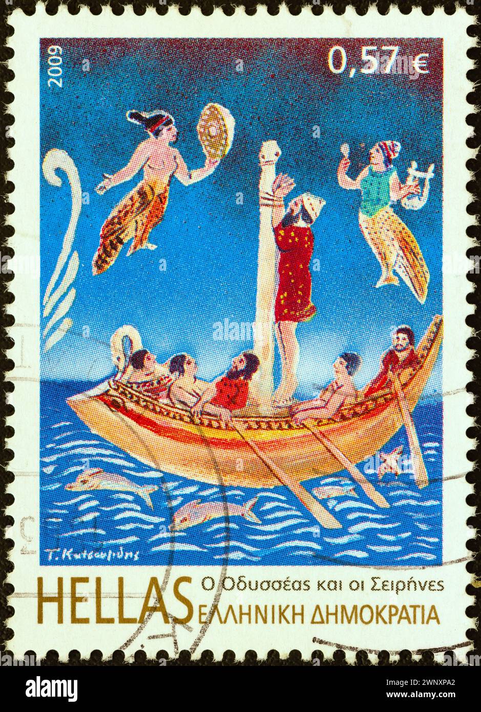 GREECE - CIRCA 2009: A stamp printed in Greece from the 'Folklore & Mythology' issue shows Odysseus and The Sirens. Stock Photo