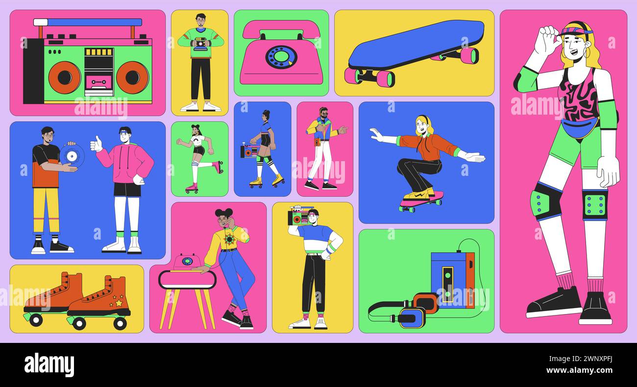 Nostalgic 80s people diverse bento grid illustration set Stock Vector ...