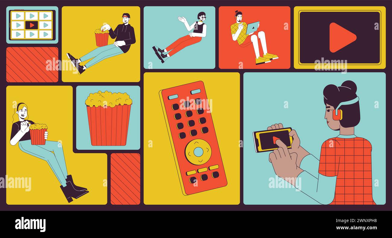 Millennials relaxing with streaming platform bento grid illustration set Stock Vector