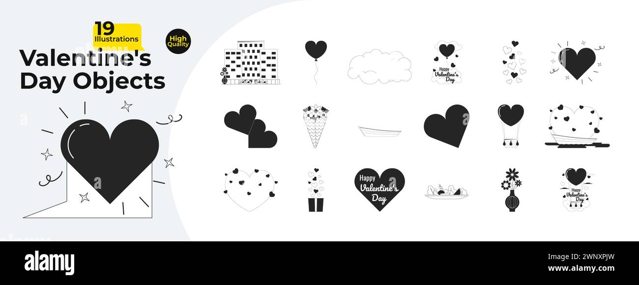Romantic Valentines day black and white 2D line cartoon objects bundle Stock Vector