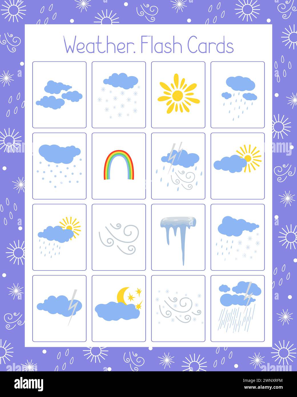 Weather flash cards topical vocabulary learning printable, educational English worksheet for kids, nursery, kindergarten, pre-school, leisure activity Stock Vector
