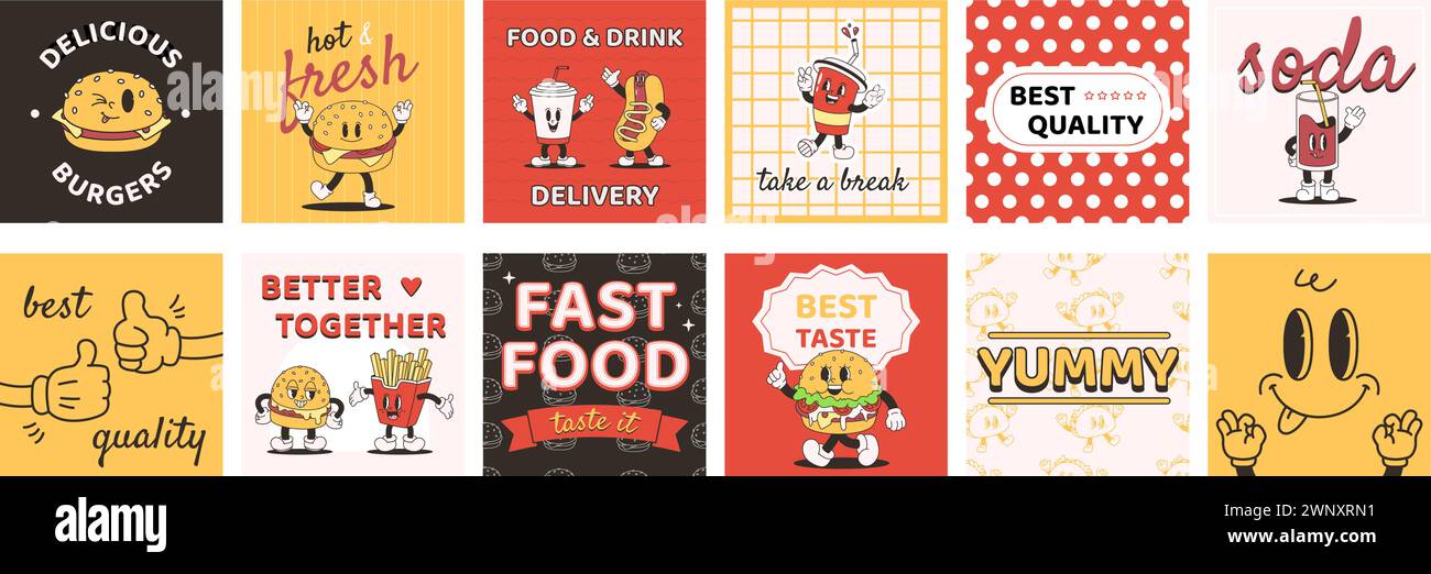 Fast food retro posters. Cute drinks characters, funny groovy burger, hot dog and potato fries. Cafe or restaurant delivery, snugly vector cards Stock Vector