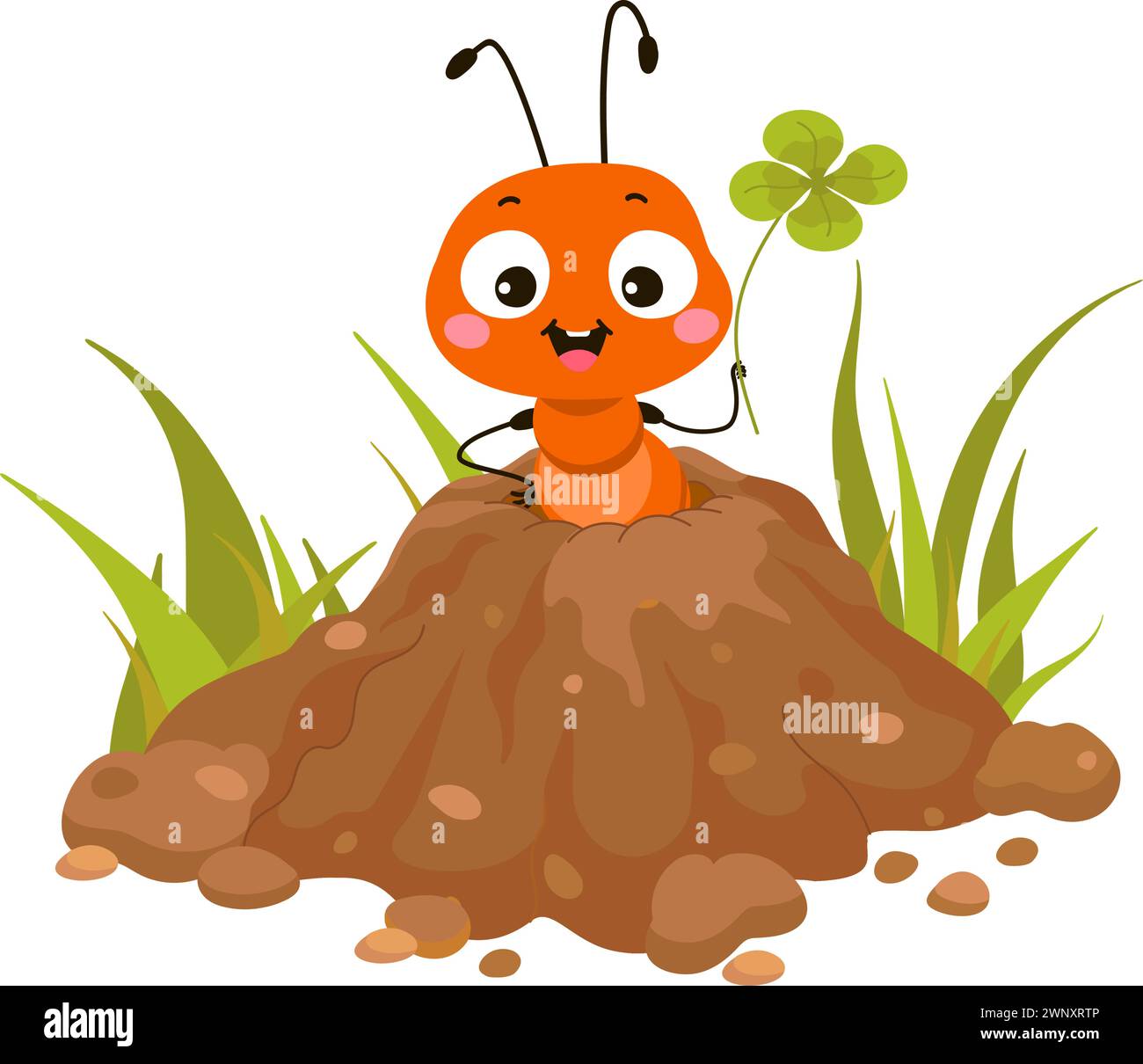 Cute cartoon ant looking from ground hill. Funny insect on ant hill with green plant. Nature forest or garden character, nowaday vector print template Stock Vector
