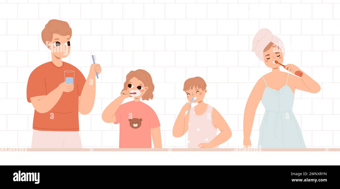Family in bathroom brushing teeth. Brush teeth at morning or evening, children and parent oral hygiene. Parents teaching kids dental care, snugly Stock Vector