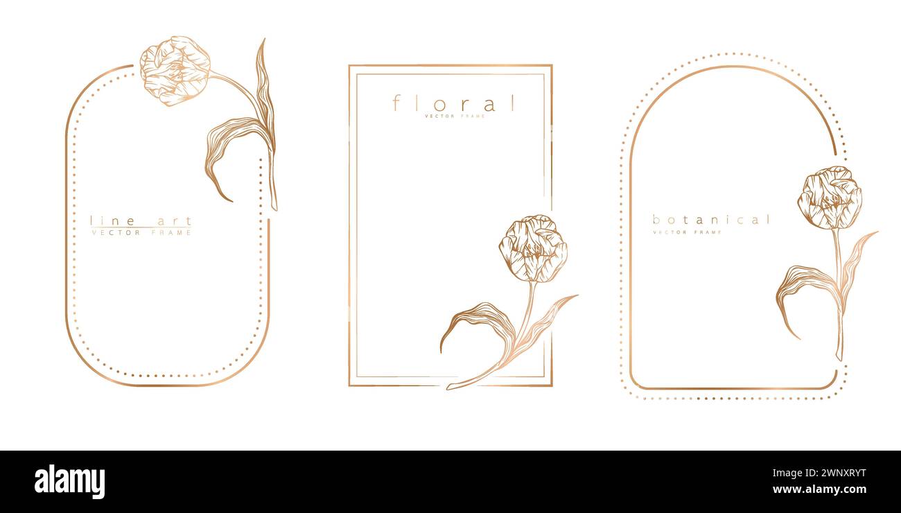 Set of frame templates in minimal linear style with hand drawn tulips. Elegant tulip border. Floral vector illustration for labels, corporate identity Stock Vector