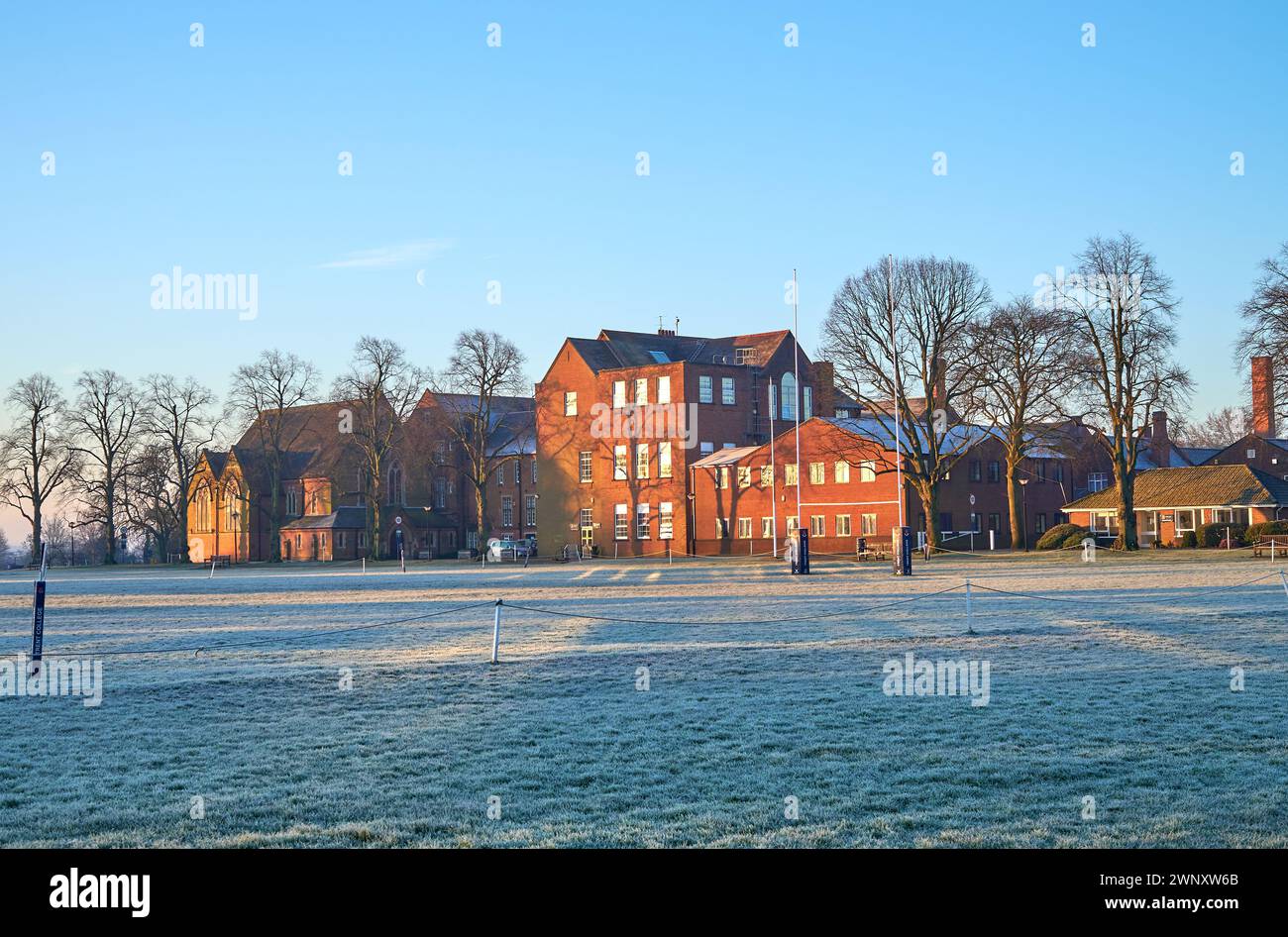 School sports field covered in frost in Long Eaton, Derbyshire, UK ...