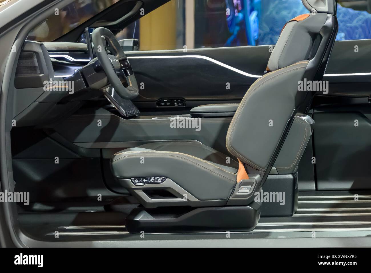 Close-up of the seats inside the new EV RAM vehicle, February 17, 2024 Stock Photo