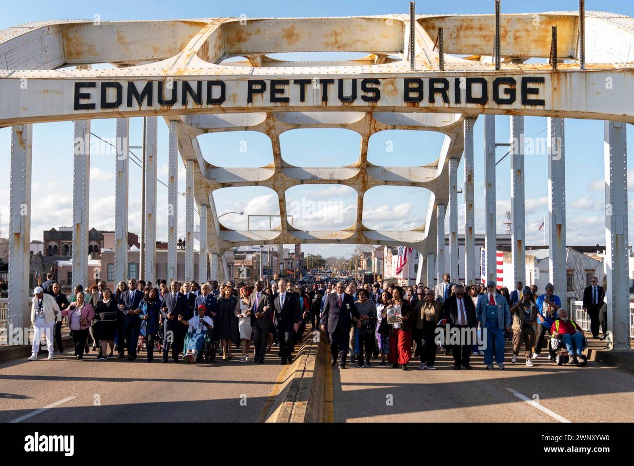 Selma, United States Of America. 03rd Mar, 2024. Selma, United States of America. 03 March, 2024. U.S Vice President Kamala Harris, left, joins civil rights activists on a symbolic walk across the Edmund Pettus Bridge commemorating the 59th anniversary of the Bloody Sunday voting rights march, March 3, 2024, in Selma, Alabama. Credit: White House Handout/White House Photo/Alamy Live News Stock Photo