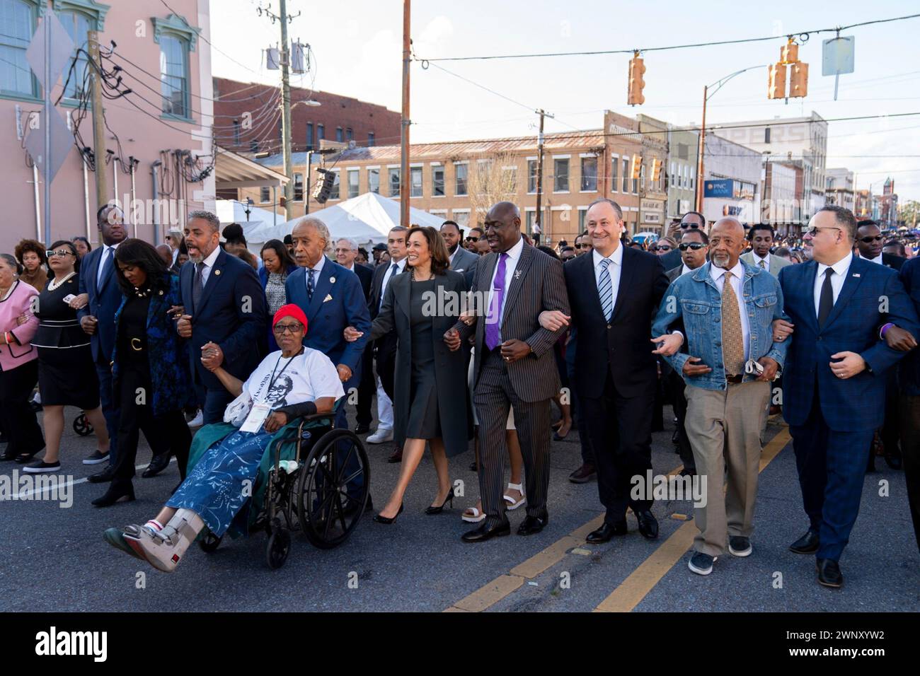 Selma, United States Of America. 03rd Mar, 2024. Selma, United States of America. 03 March, 2024. U.S Vice President Kamala Harris, center, joins civil rights activists including Rev. Al Sharpton, Annie Pearl Avery, Ben Crump and second gentleman Doug Emhoff, on a symbolic walk across the Edmund Pettus Bridge commemorating the 59th anniversary of the Bloody Sunday voting rights march, March 3, 2024, in Selma, Alabama. Credit: White House Handout/White House Photo/Alamy Live News Stock Photo