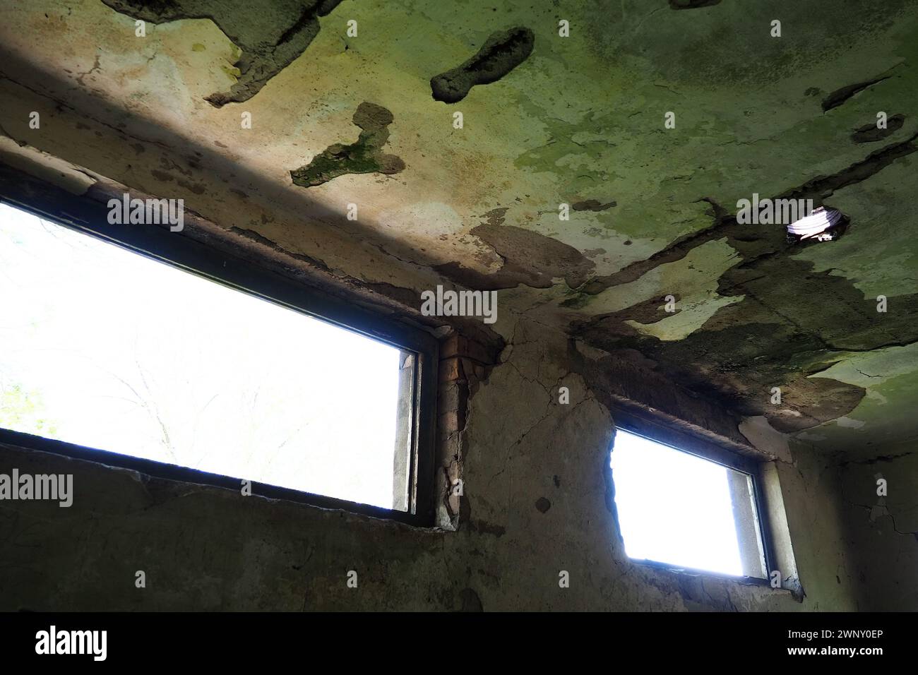 Abandoned building interior. A shabby desolate room with empty broken ...