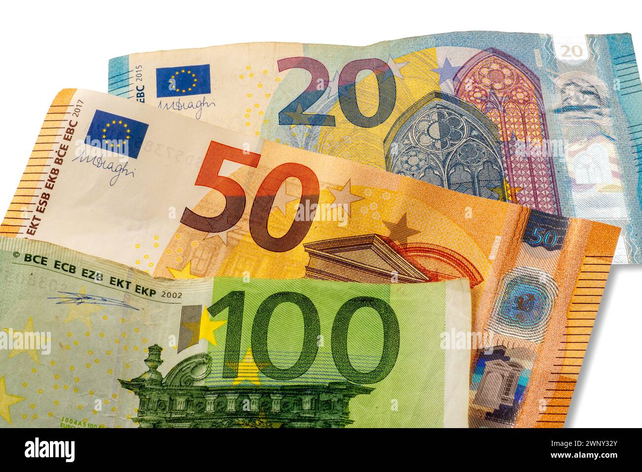 Close up on 100, 50 and 20 euro banknotes isolated on white in top view, three euro banknotes one over the next Stock Photo