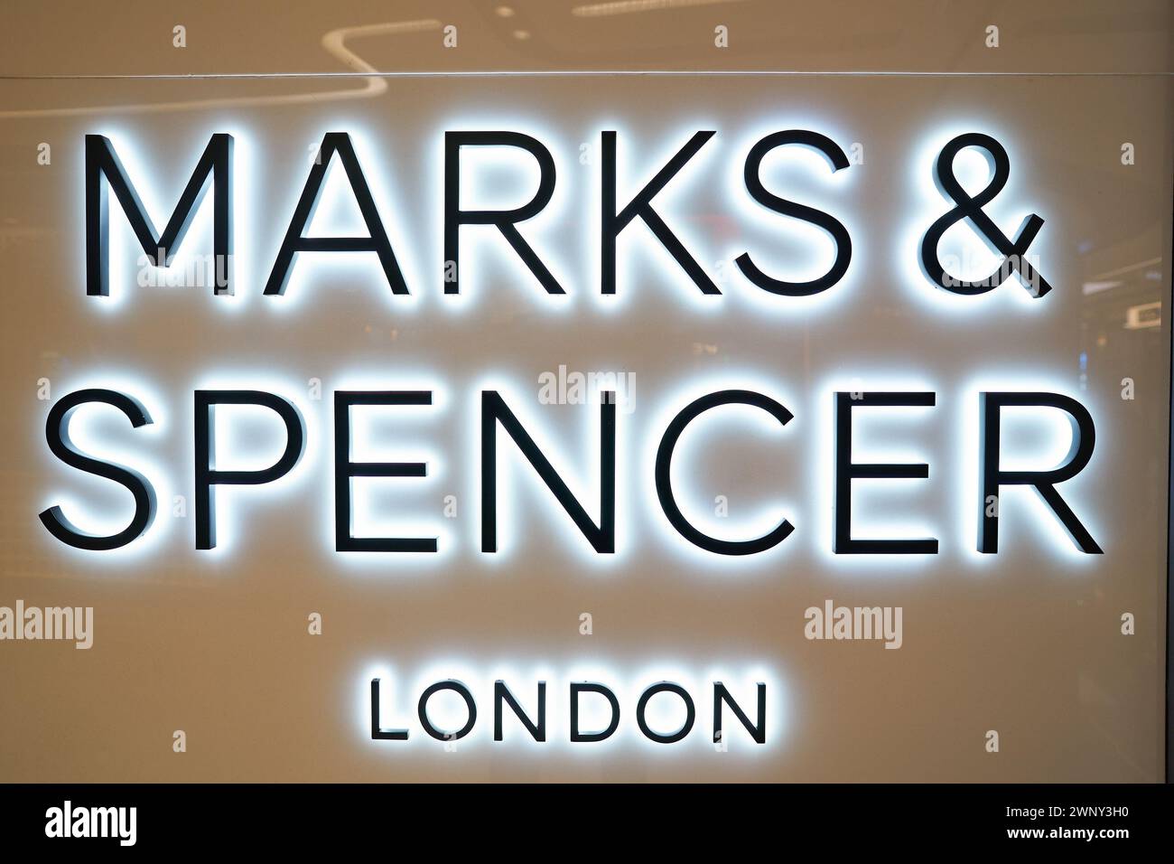HONG KONG, CHINA - DECEMBER 04, 2023: close up shot of Marks and Spencer sign as seen in New Town Plaza shopping mall. Stock Photo