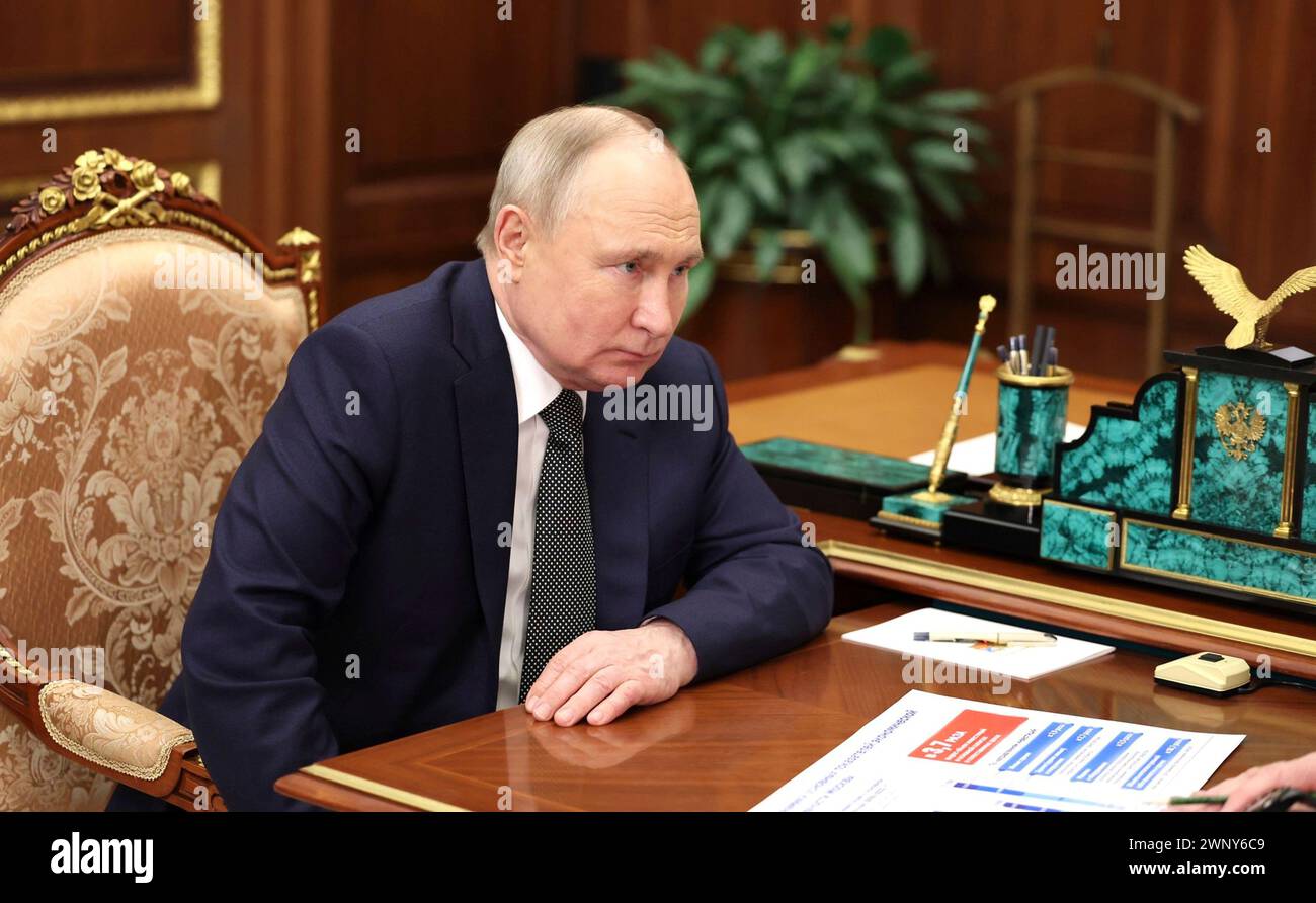 Moscow, Russia. 04th Mar, 2024. Russian President Vladimir Putin holds a face-to-face working meeting with Moscow Mayor Sergei Sobyanin at the Kremlin, March 4, 2024 in Moscow, Russia. Credit: Mikhail Metzel/Kremlin Pool/Alamy Live News Stock Photo