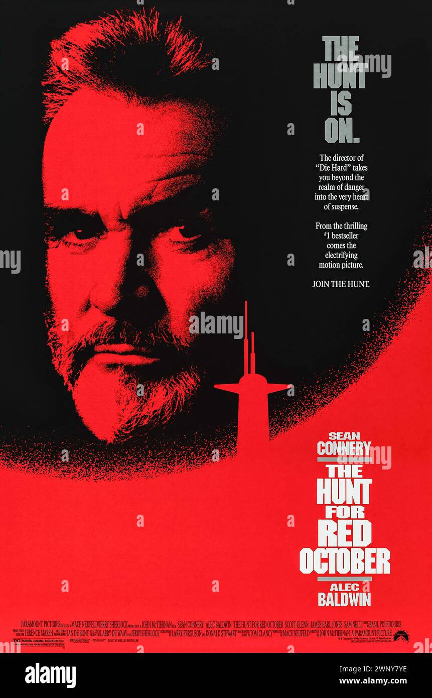 The Hunt for Red October (1984) directed by John McTiernan and starring Sean Connery, Alec Baldwin and Scott Glenn. In November 1984, the Soviet Union's best submarine captain violates orders and heads for the U.S. in a new undetectable sub. The American CIA and military must quickly determine: Is he trying to defect or to start a war? Photograph of an original 1984 US one sheet poster. ***EDITORIAL USE ONLY*** Credit: BFA / Paramount Pictures Stock Photo