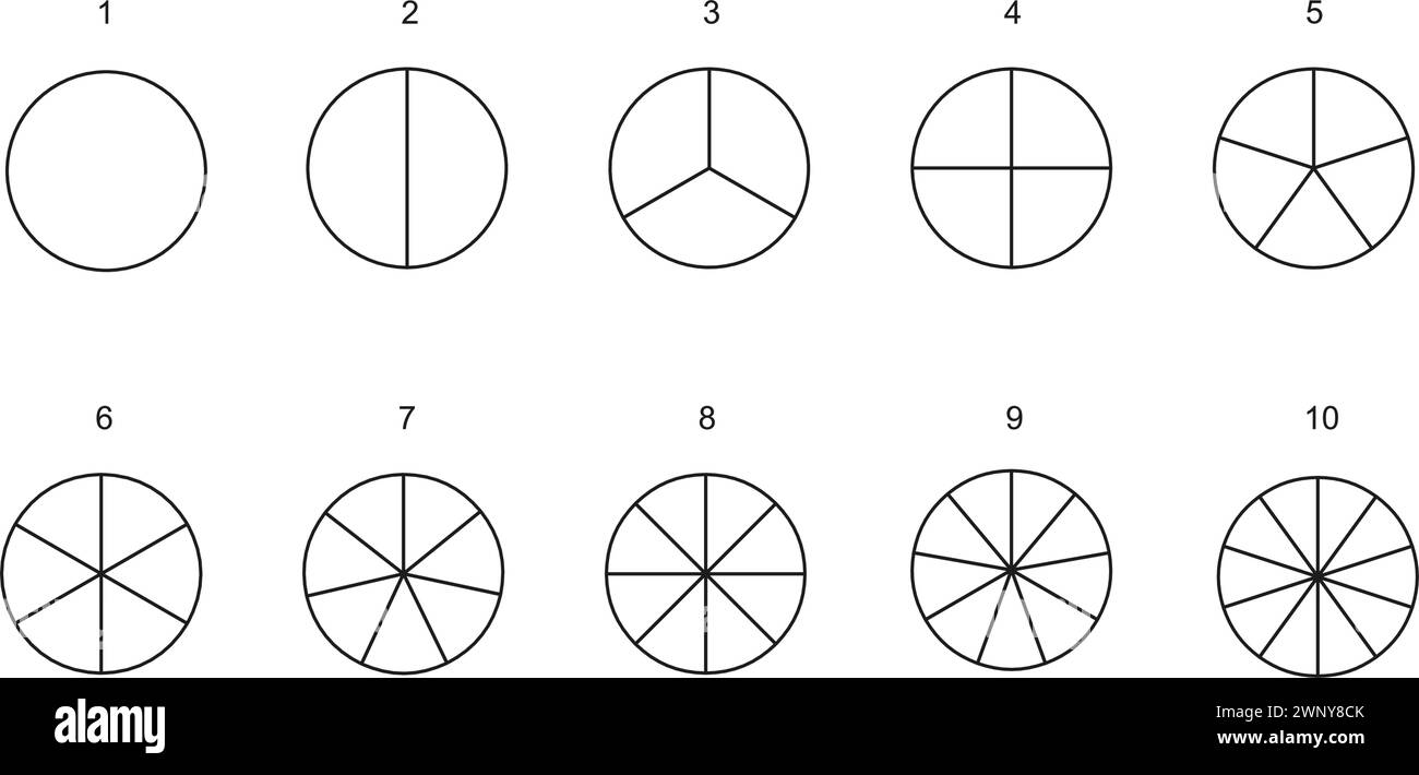 Circle divides into parts from 1 to 10. Donut or pie chart templates. Round shapes cut in equal slices. Set of wheel diagrams with sectors isolated on white background. Vector outline illustration. Stock Vector