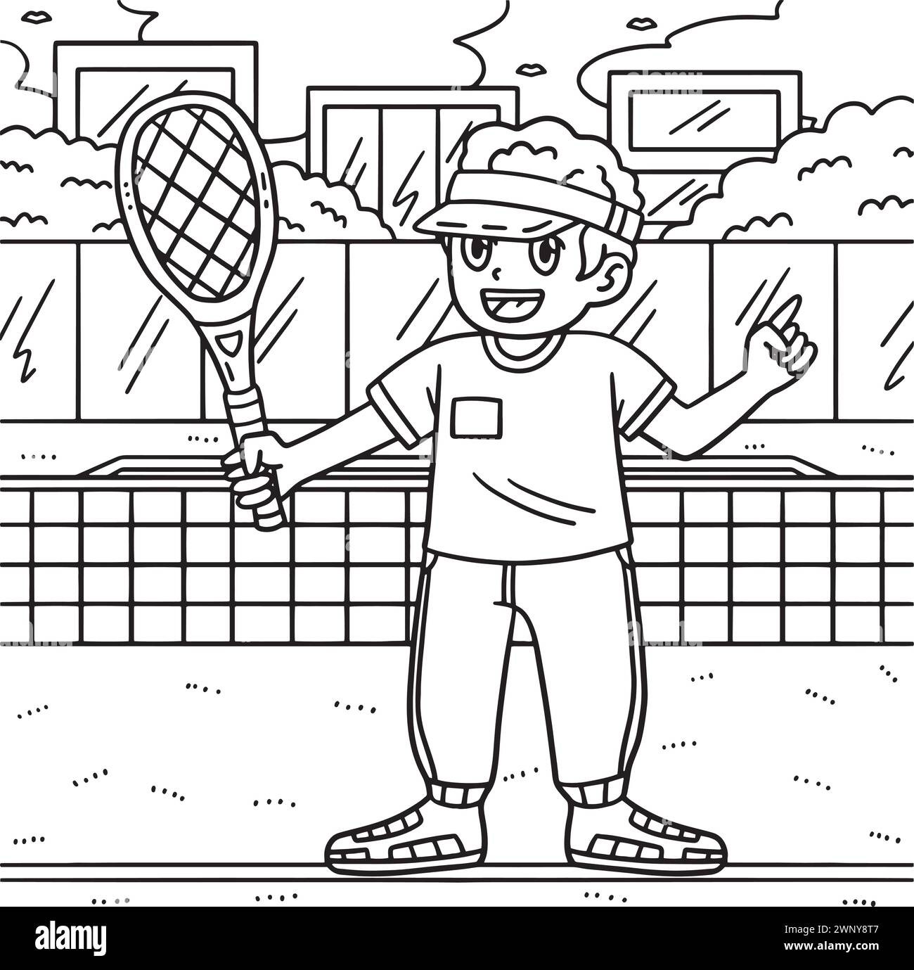 Tennis Coach with a Tennis Racket Coloring Page  Stock Vector