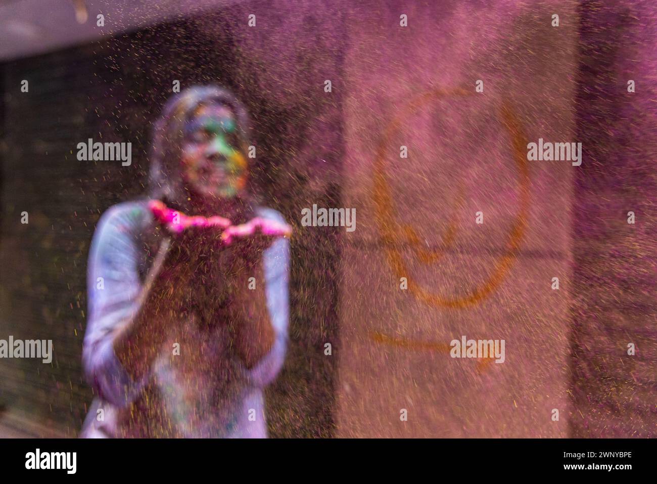 Chennai, Tamilnadu India - March 08 2023 : colorful street Holi celebration by large number of local people in Mint street, Holi festival portrait or Stock Photo