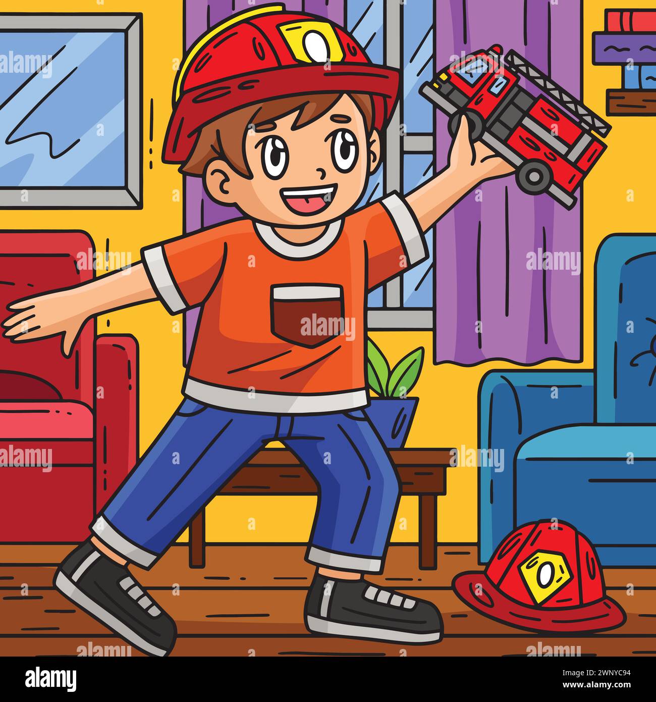 Child with Firefighter Truck Toy Colored Cartoon Stock Vector Image ...