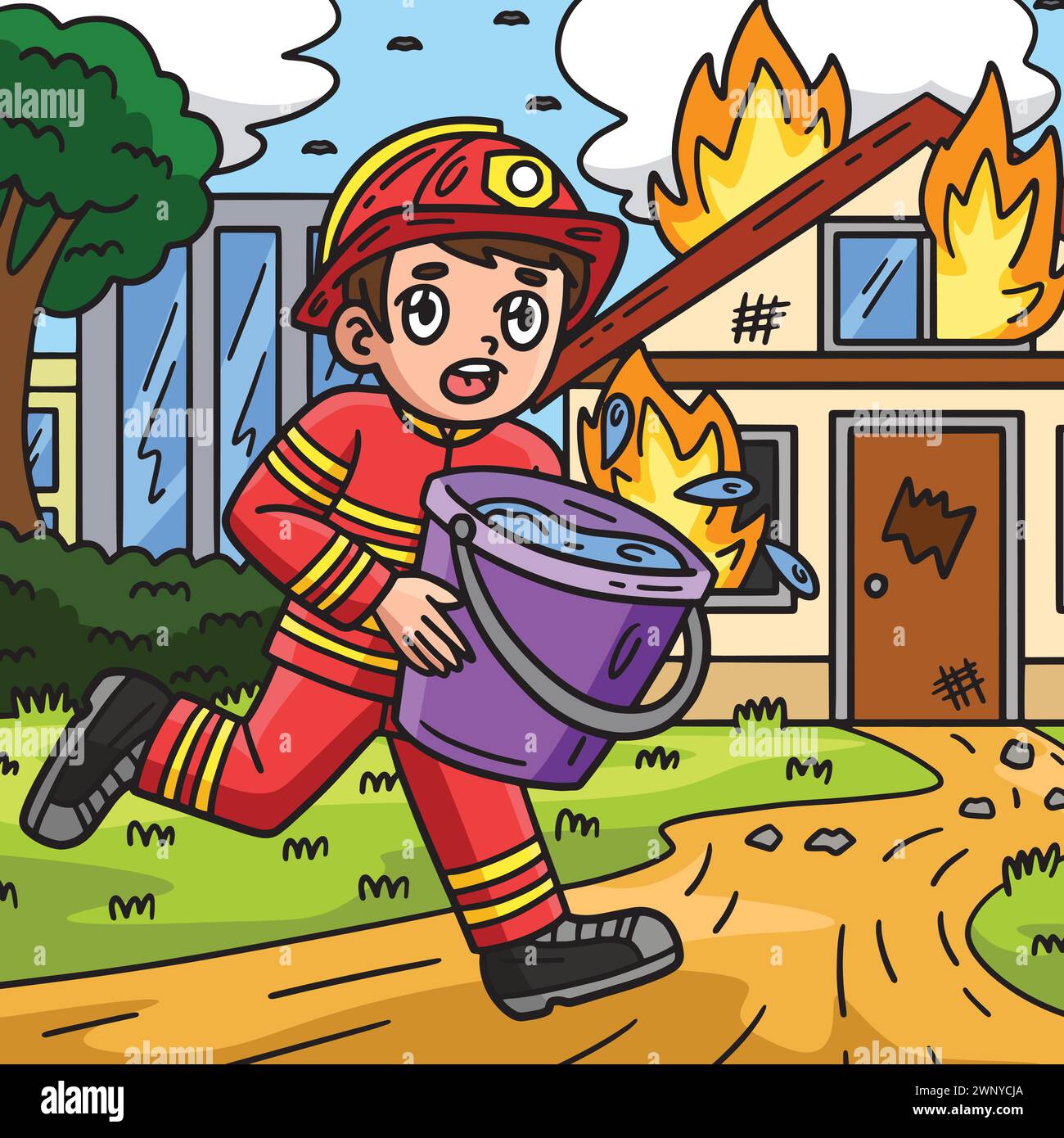 Firefighter with Water Bucket Colored Cartoon Stock Vector Image & Art