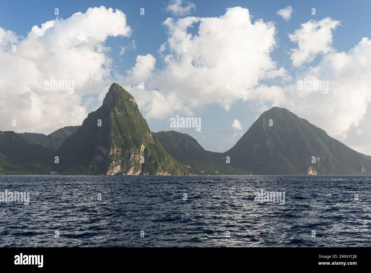 The Pitons are volcanic spires which are located on St. Lucia in the