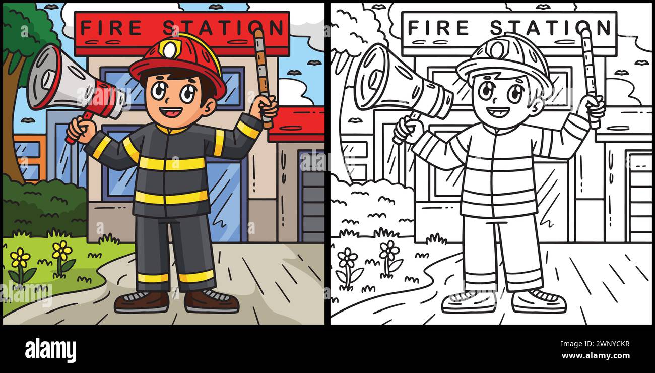 Firefighter with Megaphone Coloring Illustration Stock Vector Image ...
