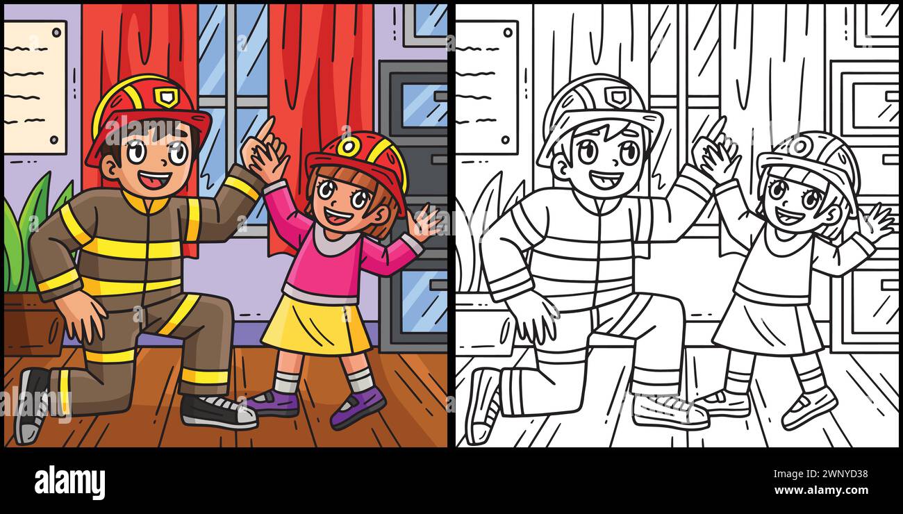 Firefighter and Child Coloring Page Illustration Stock Vector Image ...