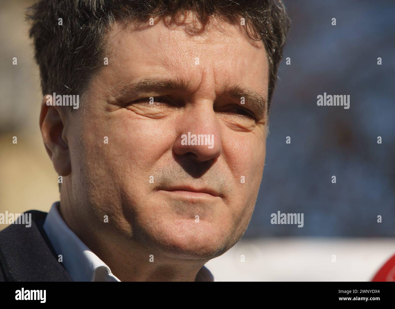 Bucharest, Romania - 4th Mar, 2024: Nicusor Dan, the Mayor of Bucharest, visit a multi-family housing block, built in the 50s, in Baltagului street no. 17, sector 5, where the Capital City Hall begins the consolidation works, with funds from the National Recovery and Resilience Plans PNRR. The resistance structure of the building is deeply affected and will be consolidated and rehabilitated by the Municipal Administration for the Consolidation of Seismic Risk Buildings. Credit: Lucian Alecu/Alamy Live Stock Photo