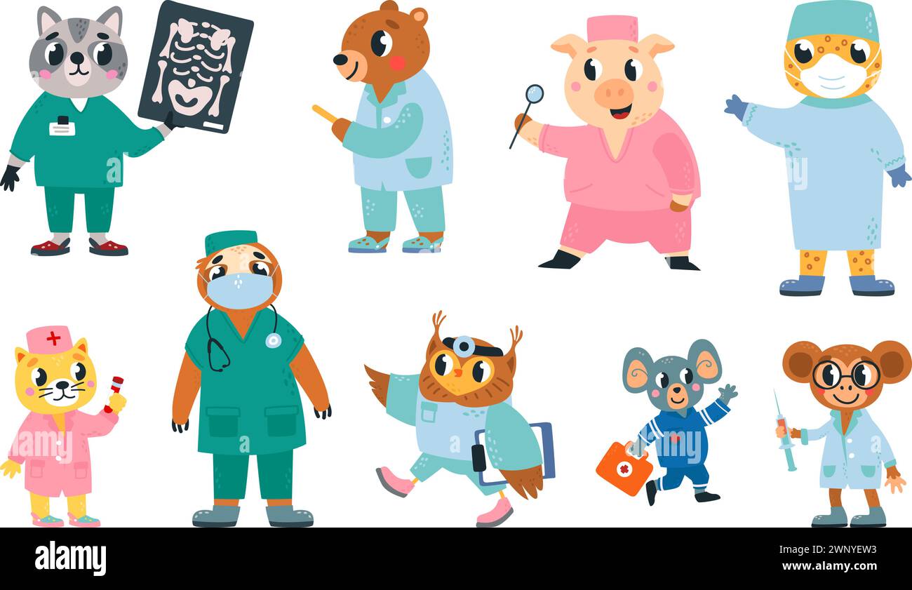 Funny animals doctors. Cartoon animal in doctor and nurse uniform