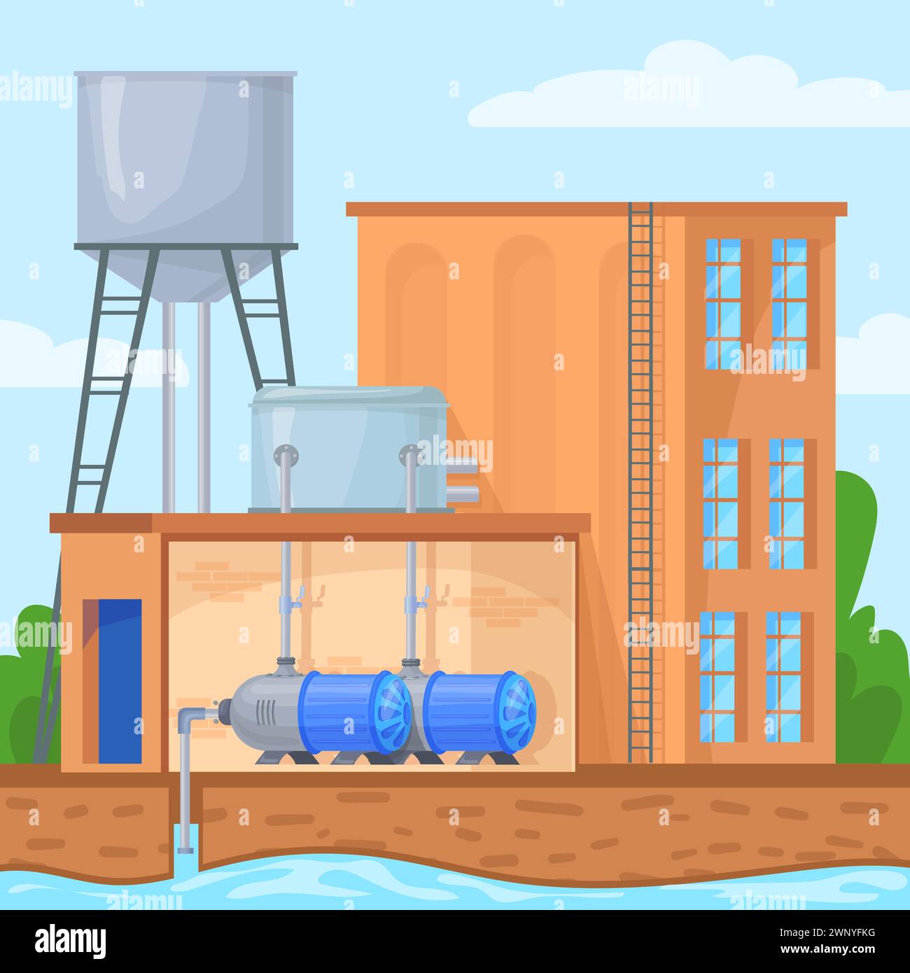 Water pump station. Pumping system industry pumps pipeline construction ...