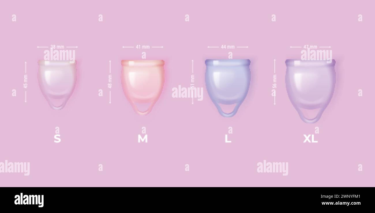 Realistic menstrual cups. 3d menstruation cup different size width