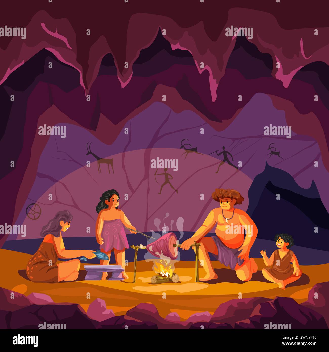 Ancient family in cave. Prehistoric couple at campfire fire inside ...