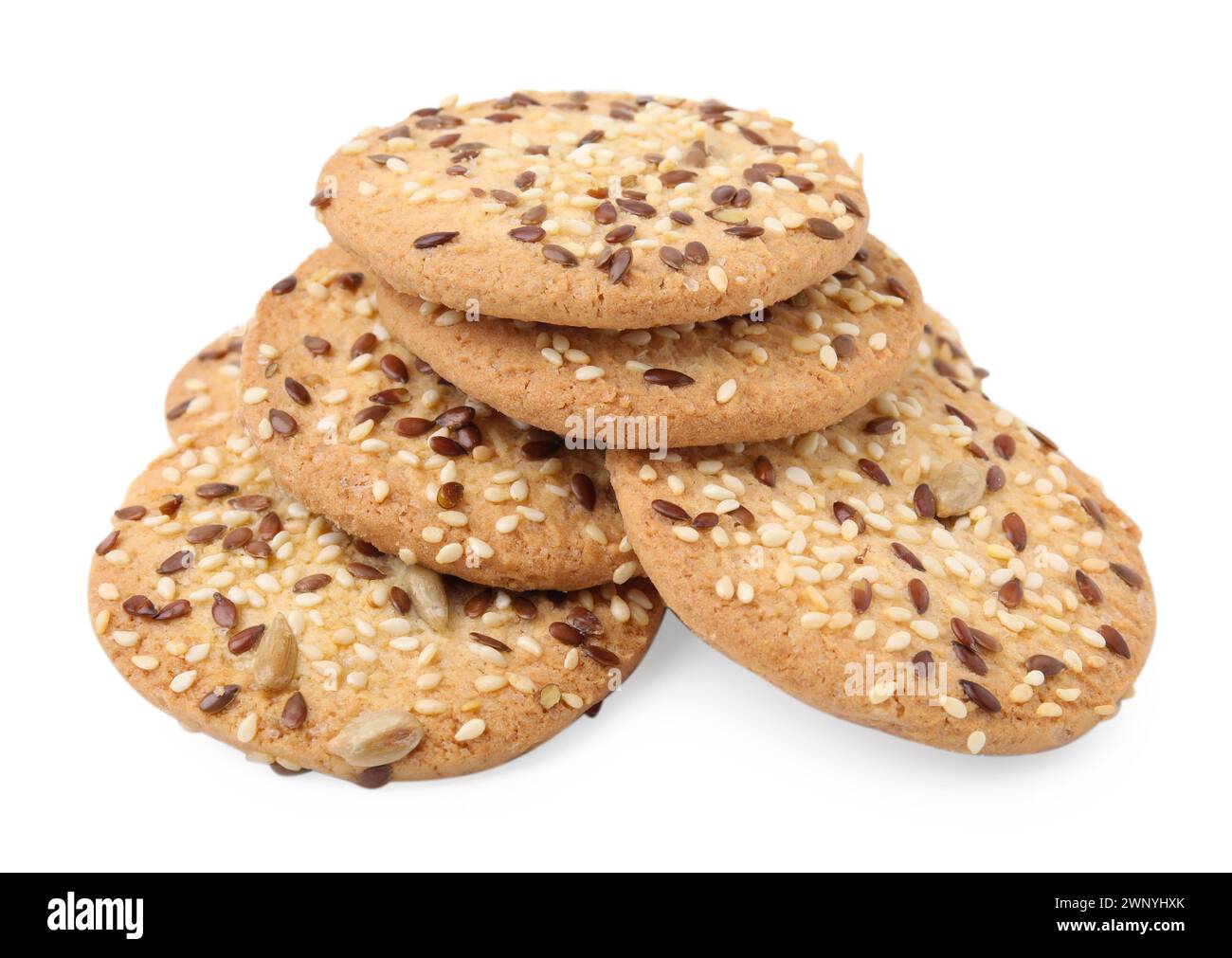 Round cereal crackers with flax, sunflower and sesame seeds isolated on ...