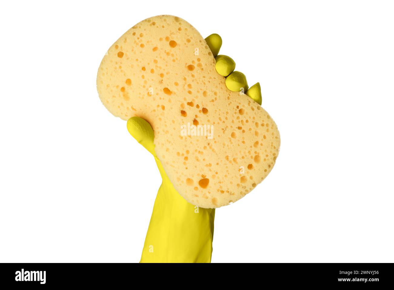 Cleaner in rubber glove holding new yellow sponge on white background ...