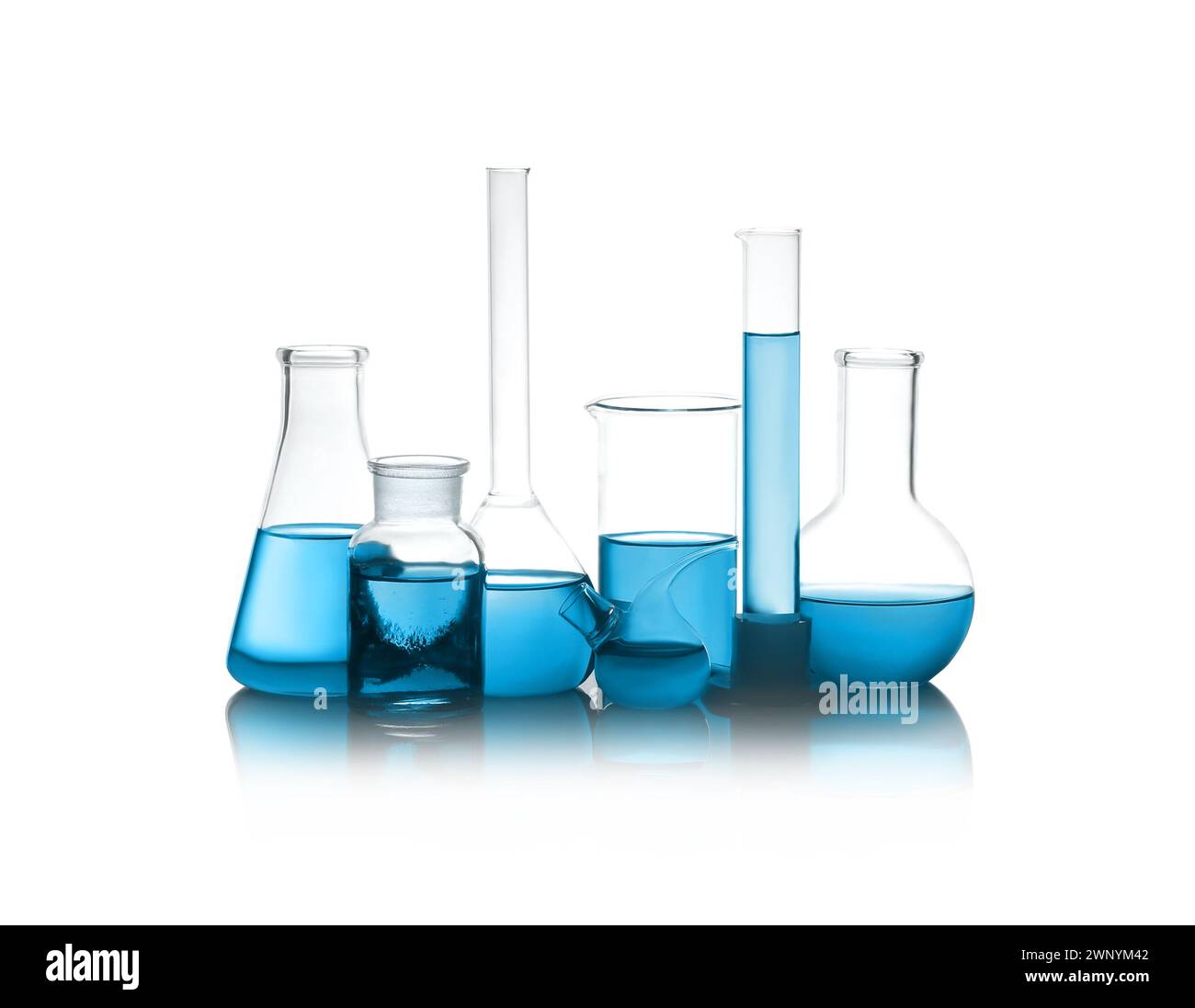 Laboratory glassware with blue liquid isolated on white Stock Photo - Alamy