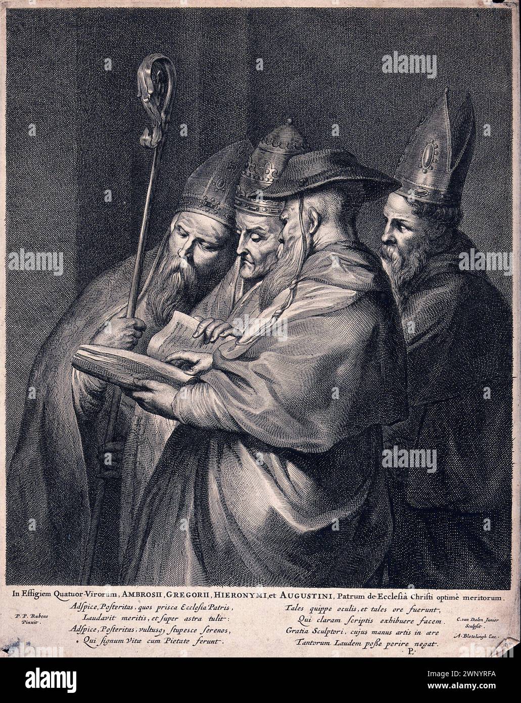 A 18th Century engraving of Pope Gregory I (also known as Saint Gregory the Great) who was pontiff from AD590 to AD604. He was the 64th pope. It was he who introduced the plainchant singing known as Gregorian Chant. In this image he is seen with Saint Ambrose, Saint Jerome and Saint Augustine of Hippo Stock Photo