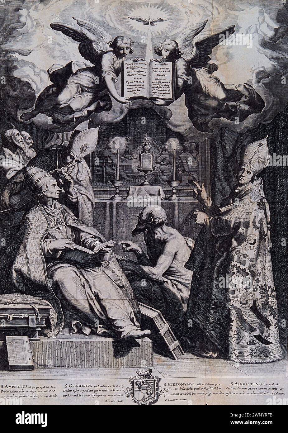 A 18th Century engraving of Pope Gregory I (also known as Saint Gregory the Great) who was pontiff from AD590 to AD604. He was the 64th pope. It was he who introduced the plainchant singing known as Gregorian Chant. In this image he is seen with Saint Ambrose, Saint Jerome and Saint Augustine of Hippo Stock Photo