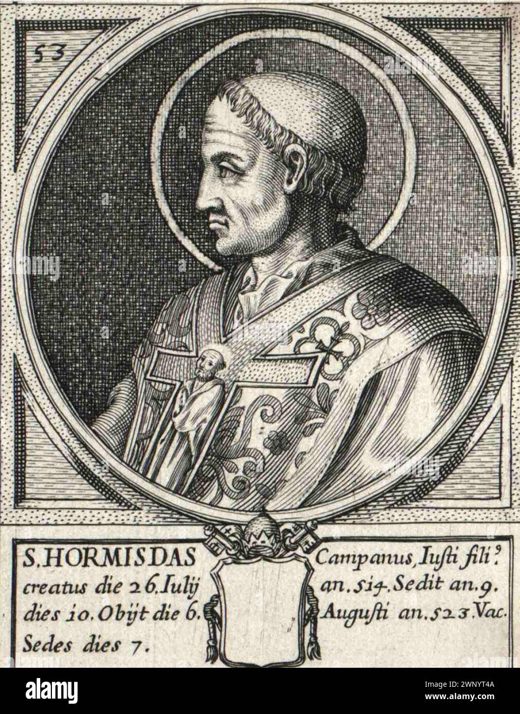 A 16th Century engraving of Pope Hormisdas (also written Ormisdas or Hormisda) who was pontiff from AD514 to AD523. He was the 52nd pope. Stock Photo