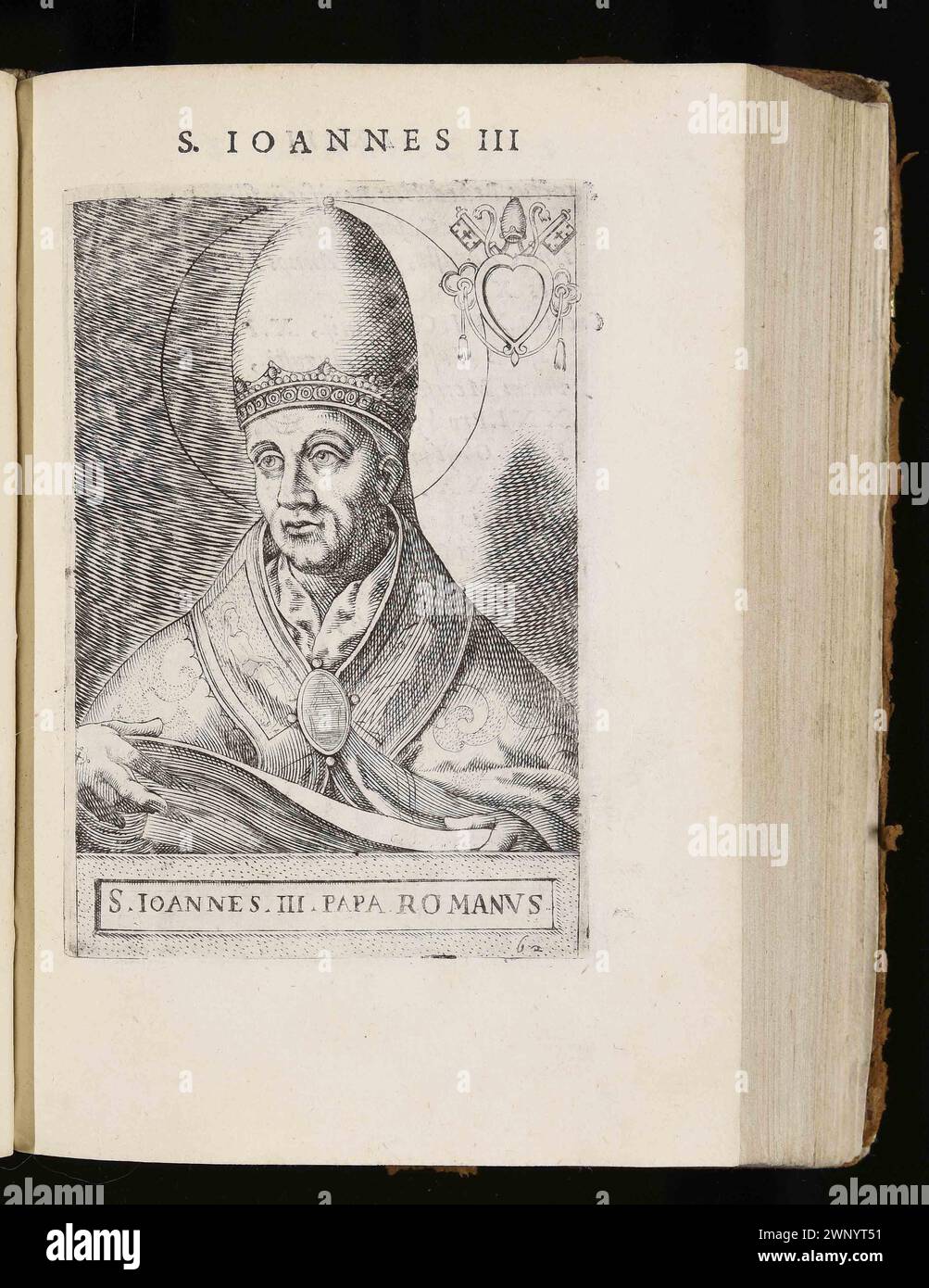 A 1580 engraving of Pope John III (also known as Pope Johannes III or Ioannes III) who was pontiff from AD561 to AD574. He was the 61st pope and the second nto use an assumed name (his real name was Catelinus) Stock Photo