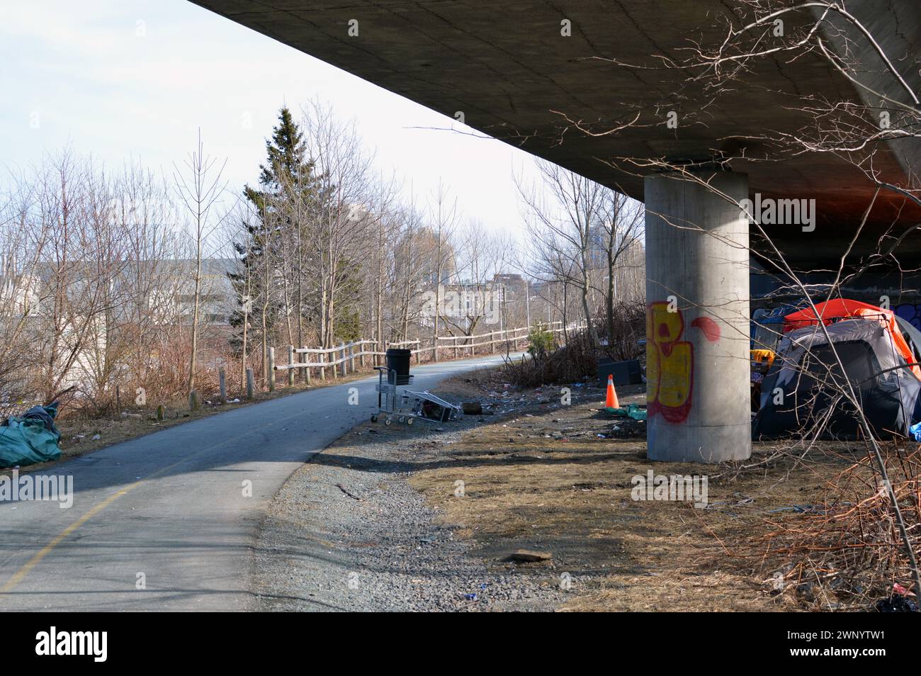 Tents underneath a highway ramp in north end Halifax, Nova Scotia