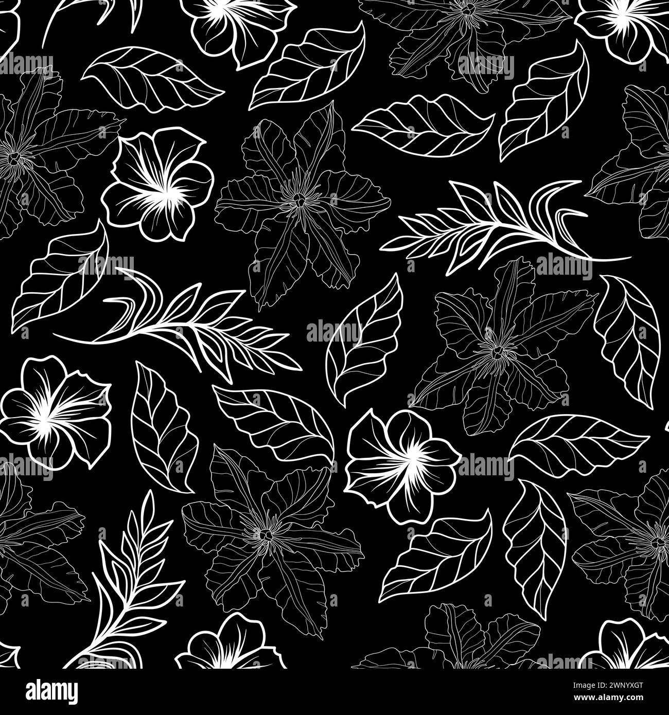 Seamless floral pattern with clematis flowers, plumeria and leaves vector illustration Stock Vector