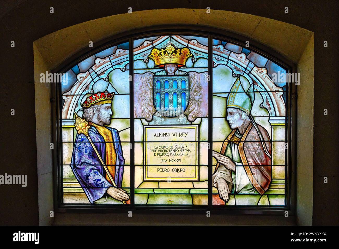 Stained glass window skylight with a king and a pope, alcazar of SEGOVIA, SPAIN Stock Photo