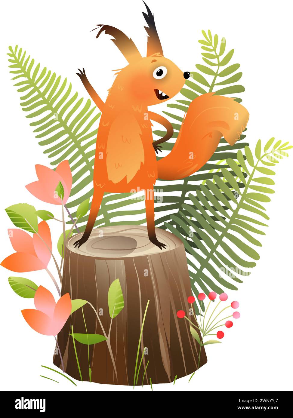 Cute Squirrel on Tree Happy Character Kids Clipart Stock Vector