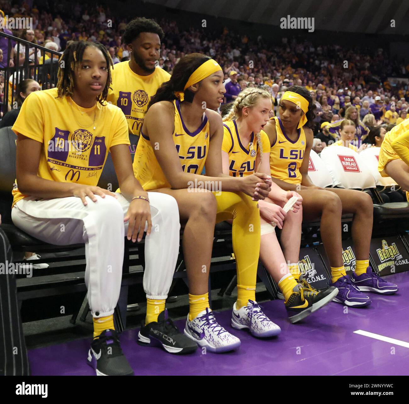Baton Rouge, USA. 03rd Mar, 2024. LSU Lady Tigers forward Sa'Myah Smith (5), forward Angel Reese (10), guard Hailey Van Lith (11) and forward Amani Bartlett (2) all chat while on the bench during a Southeastern Conference women's college basketball game at Pete Maravich Assembly Center in Baton Rouge, Louisiana on Sunday, March 3, 2023. (Photo by Peter G. Forest/Sipa USA) Credit: Sipa USA/Alamy Live News Stock Photo