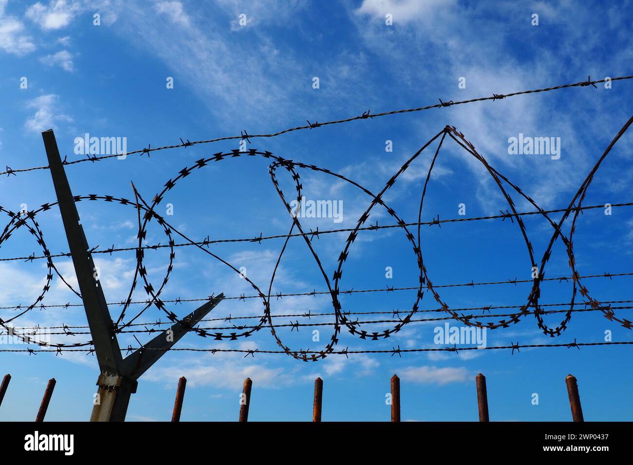 Barbed wire against the blue sky. Barbed wire is a wire or a narrow strip of metal with sharp spikes. Device of barriers. The concept of freedom Stock Photo