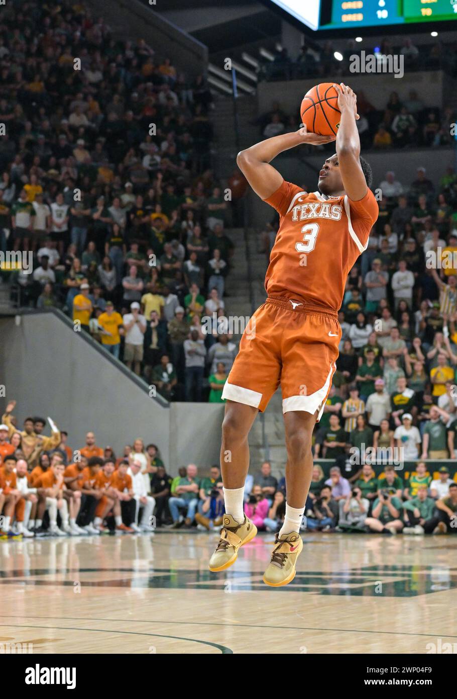 Waco, Texas, USA. 4th Mar, 2024. Texas Longhorns guard Max Abmas (3) shoots the ball during the 1st half of the NCAA Basketball game between Texas Longhorns and Baylor Bears at Foster Pavilion in Waco, Texas. Matthew Lynch/CSM/Alamy Live News Stock Photo