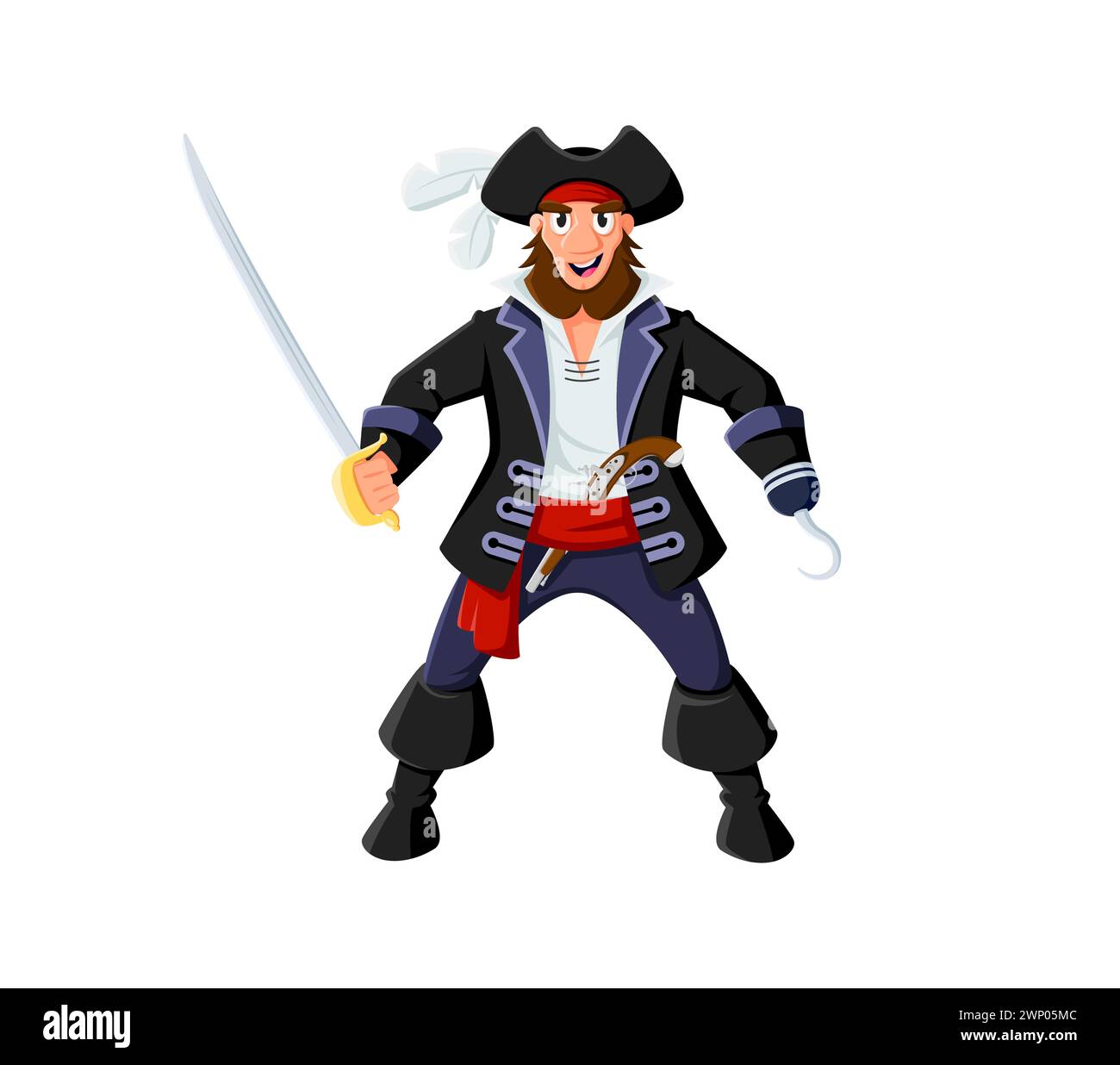 Cartoon pirate and corsair captain character. Isolated vector lively bearded sea filibuster personage with a sinister hook hand and saber, wearing a tricorn hat, ready for fighting on the high seas Stock Vector